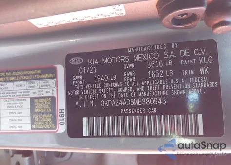 2021 Kia Rio S z USA, uszkodzony, nr VIN 3KPA24AD5ME380943